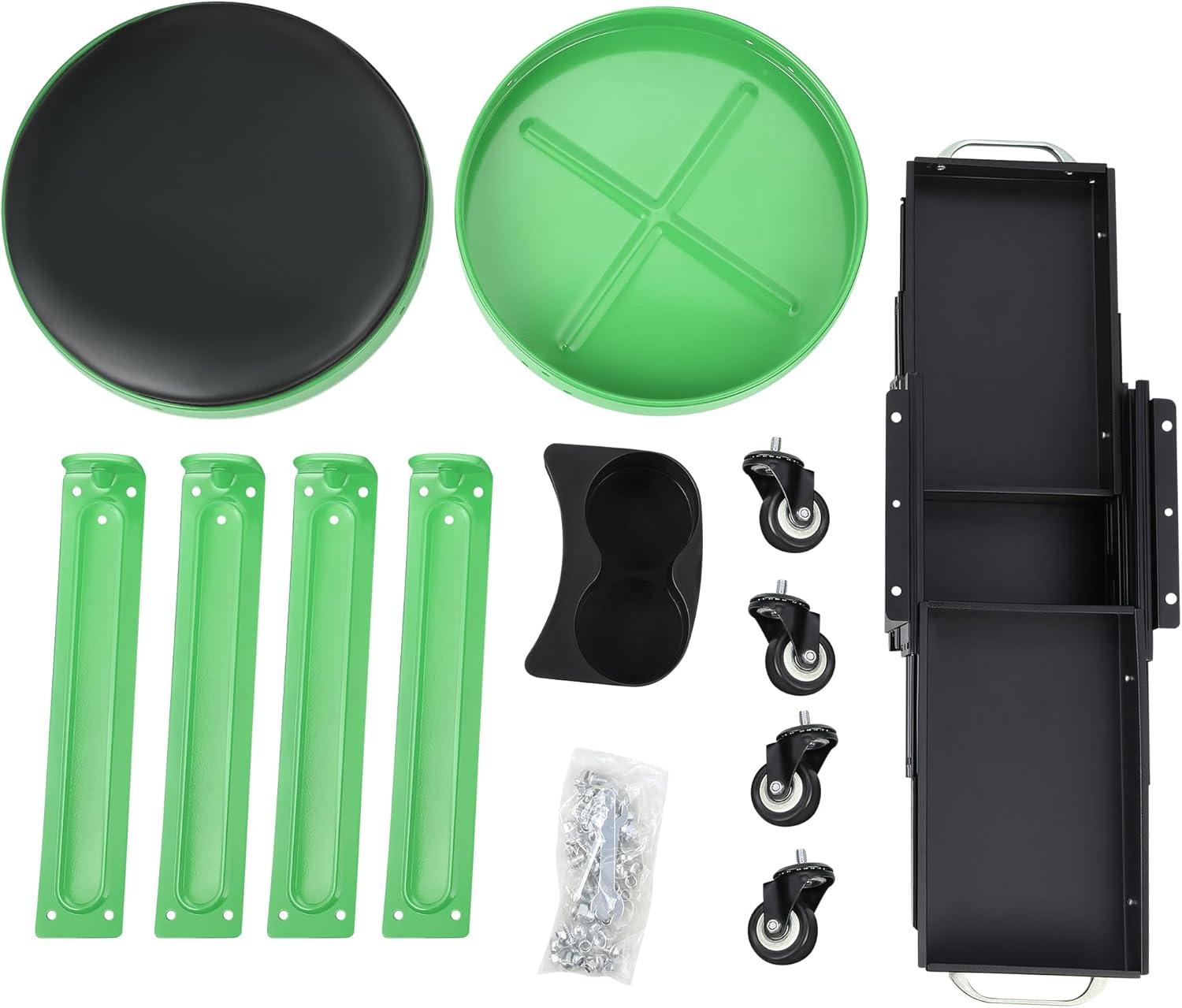 imageDNA Motoring TOOLS00197 Round Mechanics Roller Seat Creeper Stool With Padded Cushion Tool Storage Drawer ampamp Tray 300 Lbs Max Weight CapacityGreen
