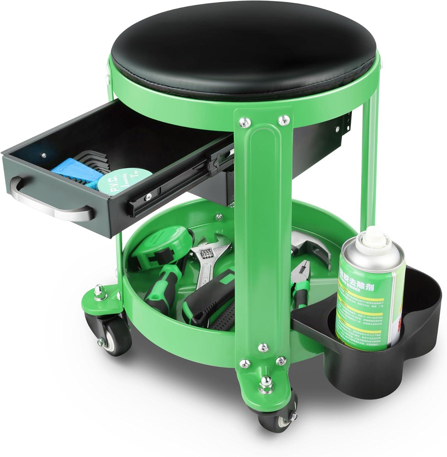 imageDNA Motoring TOOLS00197 Round Mechanics Roller Seat Creeper Stool With Padded Cushion Tool Storage Drawer ampamp Tray 300 Lbs Max Weight CapacityGreen