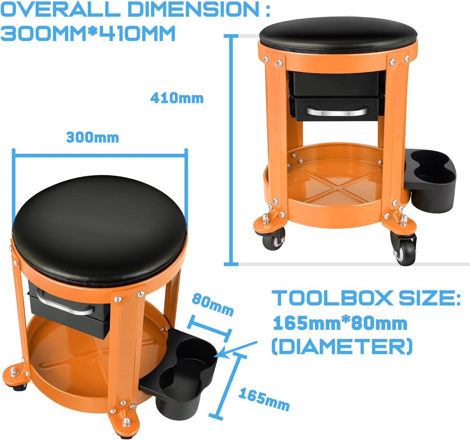 imageDNA Motoring TOOLS00197 Round Mechanics Roller Seat Creeper Stool With Padded Cushion Tool Storage Drawer ampamp Tray 300 Lbs Max Weight CapacityOrange