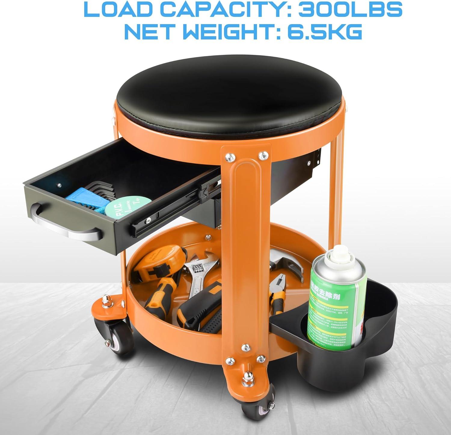 imageDNA Motoring TOOLS00197 Round Mechanics Roller Seat Creeper Stool With Padded Cushion Tool Storage Drawer ampamp Tray 300 Lbs Max Weight CapacityOrange