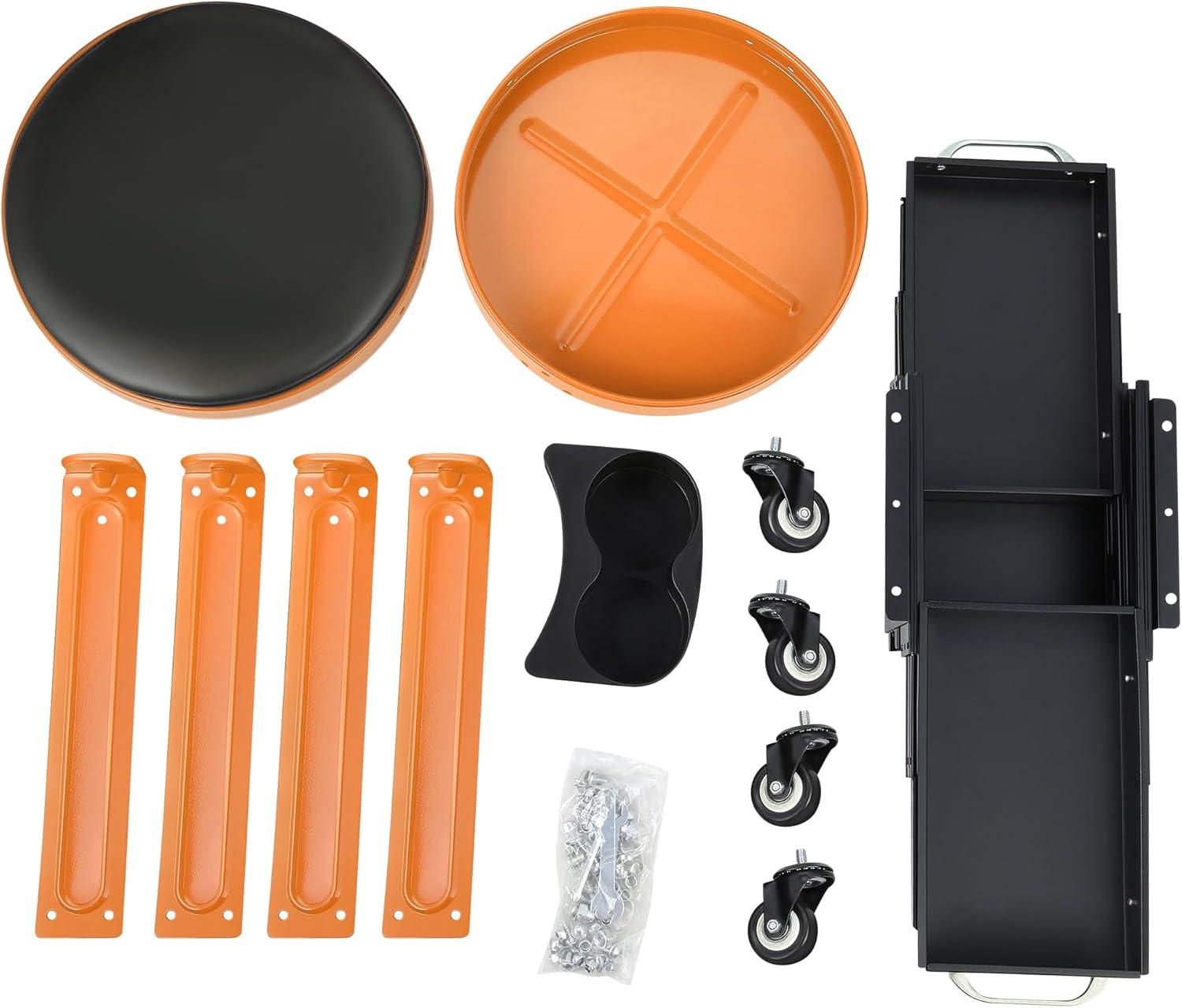 imageDNA Motoring TOOLS00197 Round Mechanics Roller Seat Creeper Stool With Padded Cushion Tool Storage Drawer ampamp Tray 300 Lbs Max Weight CapacityOrange