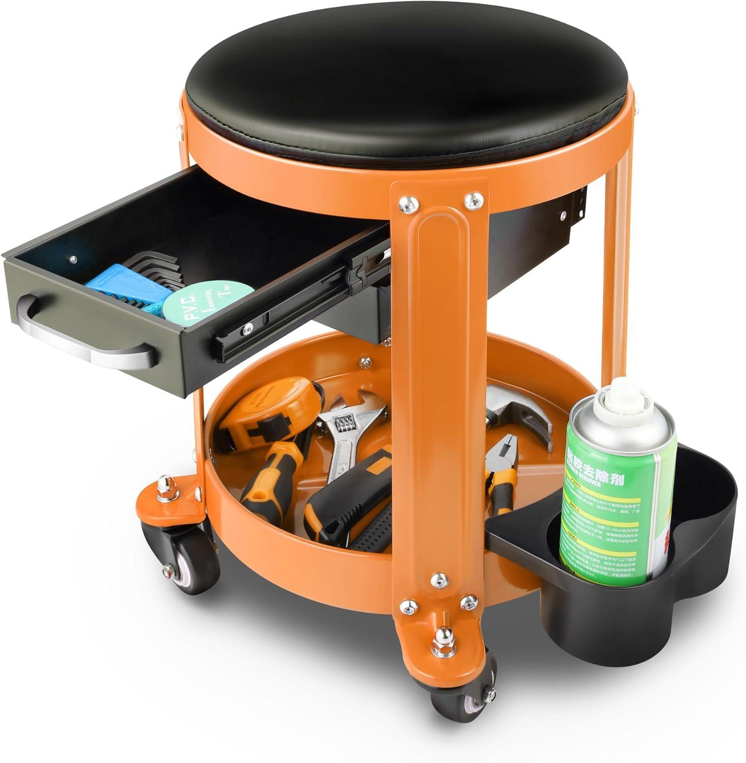 imageDNA Motoring TOOLS00197 Round Mechanics Roller Seat Creeper Stool With Padded Cushion Tool Storage Drawer ampamp Tray 300 Lbs Max Weight CapacityOrange