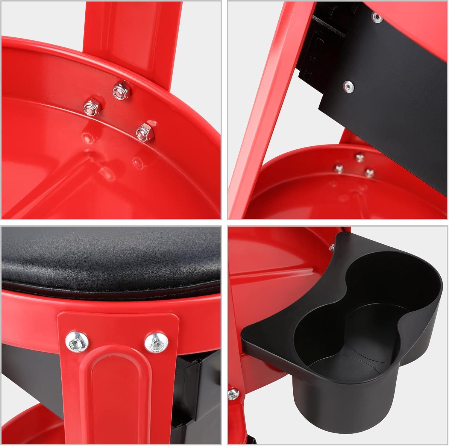 imageDNA Motoring TOOLS00197 Round Mechanics Roller Seat Creeper Stool With Padded Cushion Tool Storage Drawer ampamp Tray 300 Lbs Max Weight CapacityRed  Black