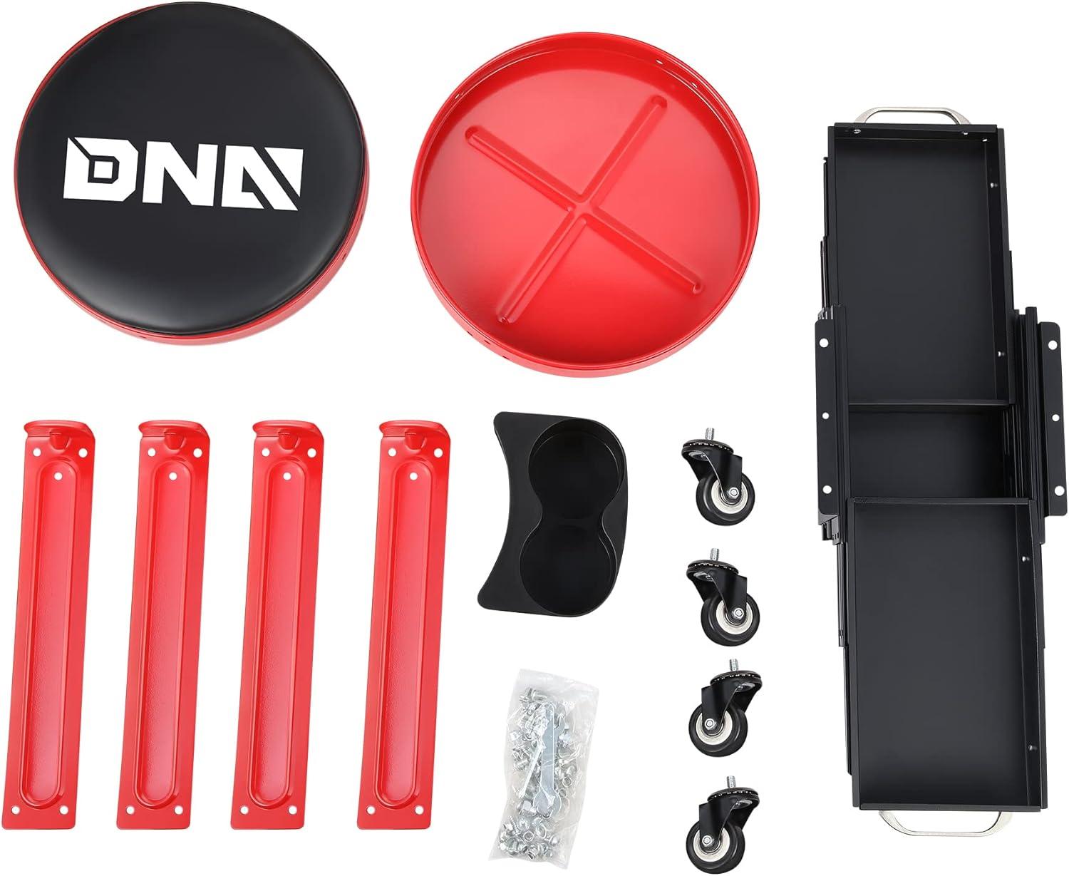 imageDNA Motoring TOOLS00197 Round Mechanics Roller Seat Creeper Stool With Padded Cushion Tool Storage Drawer ampamp Tray 300 Lbs Max Weight CapacityRed  Black