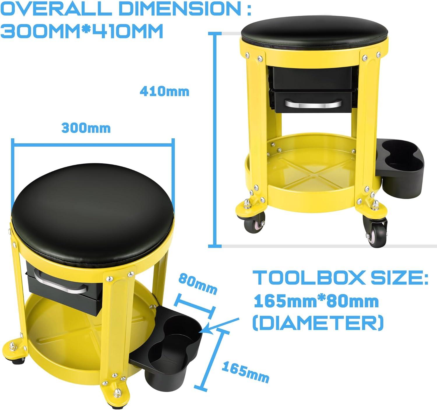 imageDNA Motoring TOOLS00197 Round Mechanics Roller Seat Creeper Stool With Padded Cushion Tool Storage Drawer ampamp Tray 300 Lbs Max Weight CapacityYellow