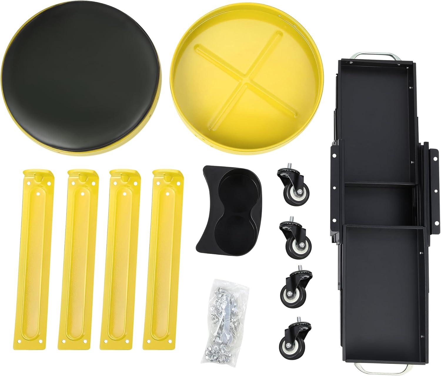 imageDNA Motoring TOOLS00197 Round Mechanics Roller Seat Creeper Stool With Padded Cushion Tool Storage Drawer ampamp Tray 300 Lbs Max Weight CapacityYellow