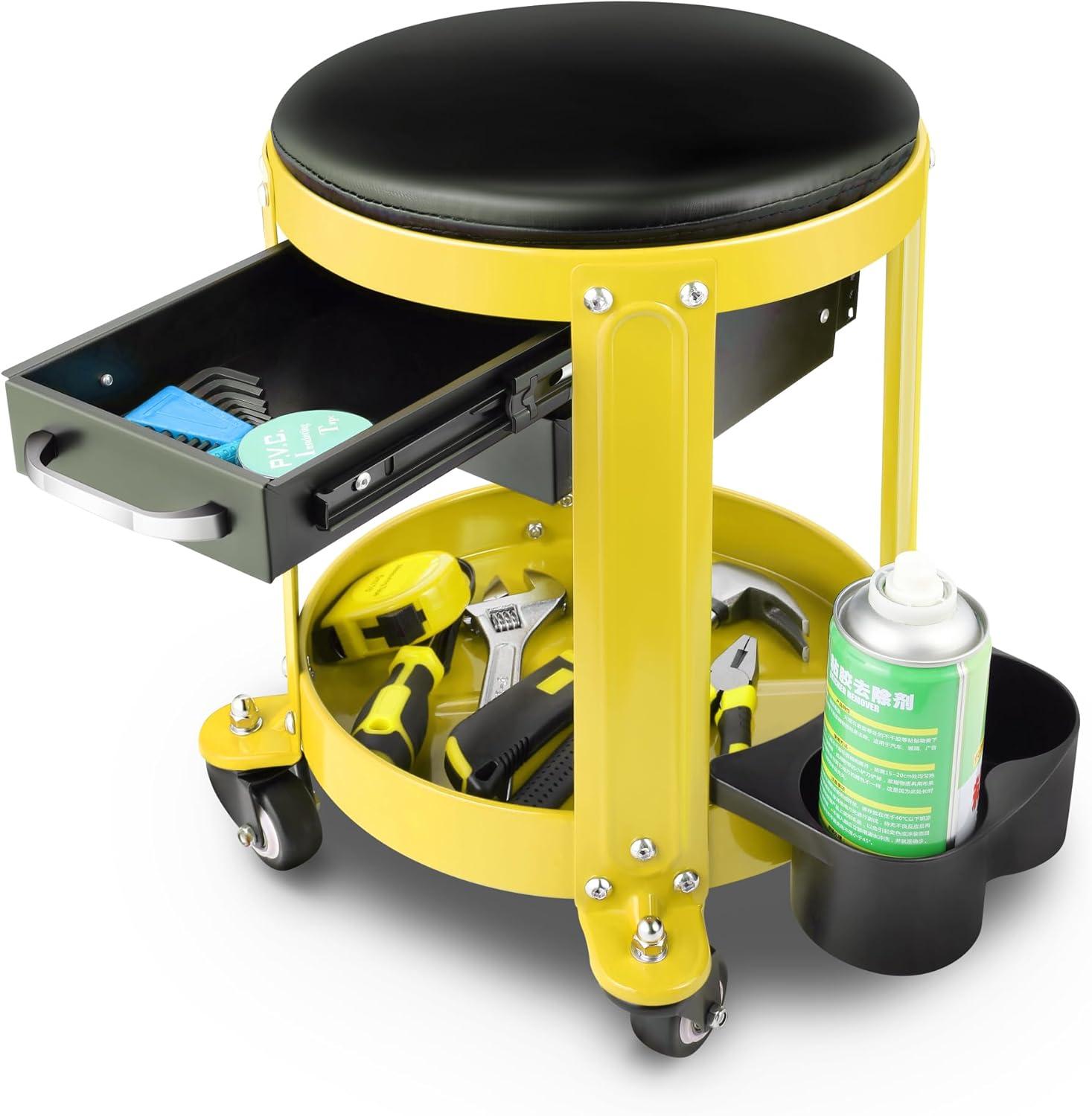 imageDNA Motoring TOOLS00197 Round Mechanics Roller Seat Creeper Stool With Padded Cushion Tool Storage Drawer ampamp Tray 300 Lbs Max Weight CapacityYellow