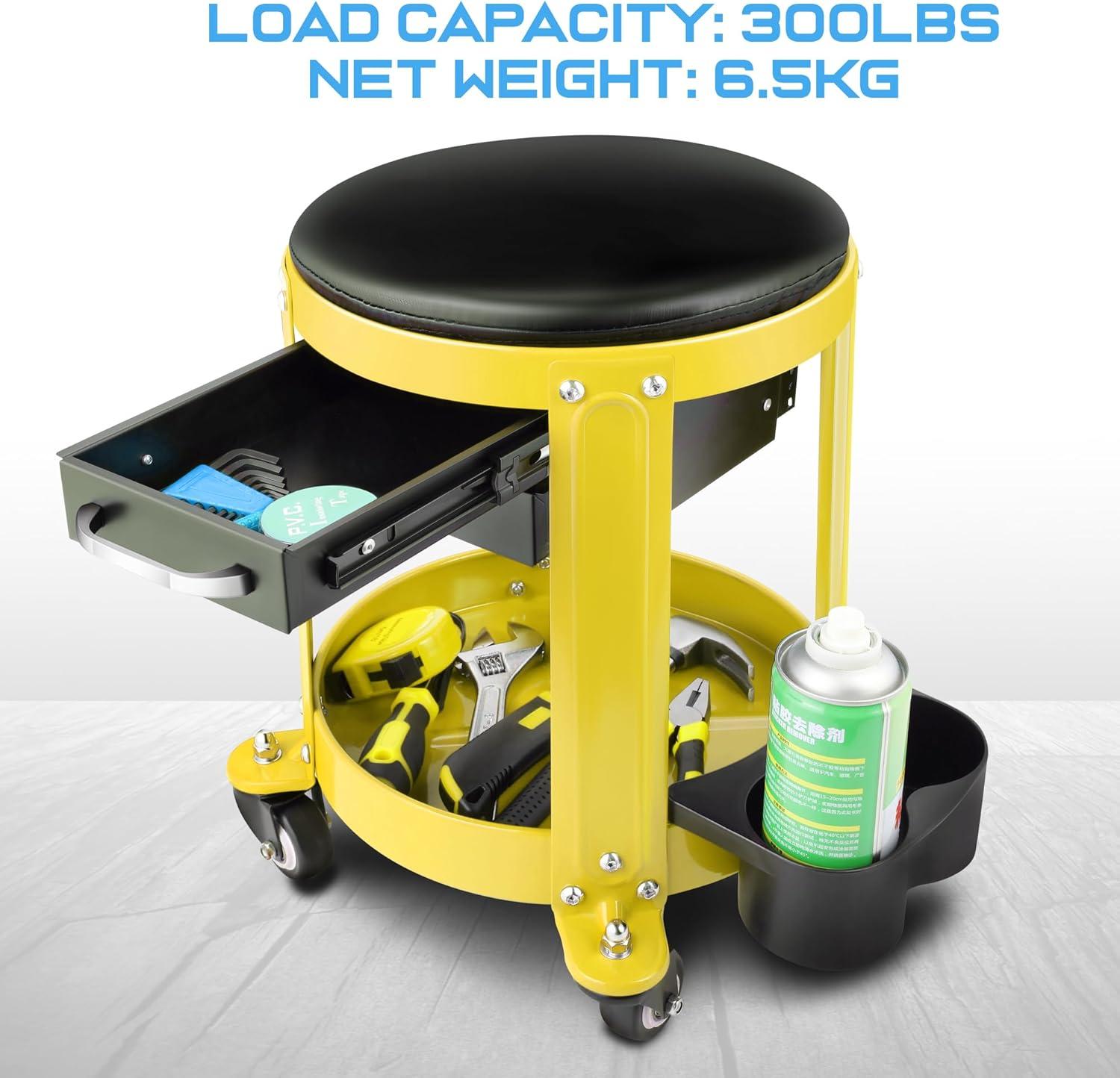 imageDNA Motoring TOOLS00197 Round Mechanics Roller Seat Creeper Stool With Padded Cushion Tool Storage Drawer ampamp Tray 300 Lbs Max Weight CapacityYellow
