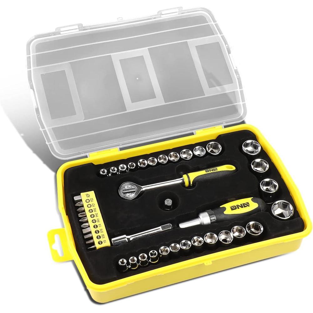 imageDNA MOTORING 64pcs Mechanics Auto ampamp Home Repair Tool Box Screwdriver Bit Tool Set SAE and Metric Socket Wrench Set YellowBlack TOOLS00027Socket Wrench Tool Set