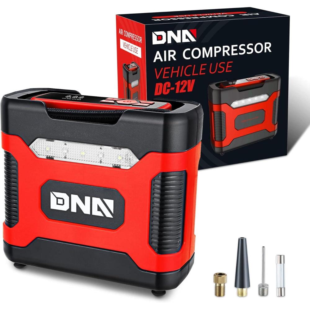 imageDNA MOTORING TOOLS00210 Red 12V DC Digital Tire Inflator Portable Air Compressor with Pressure Gauge for Cars Bicycles MotorcyclesBallsRed