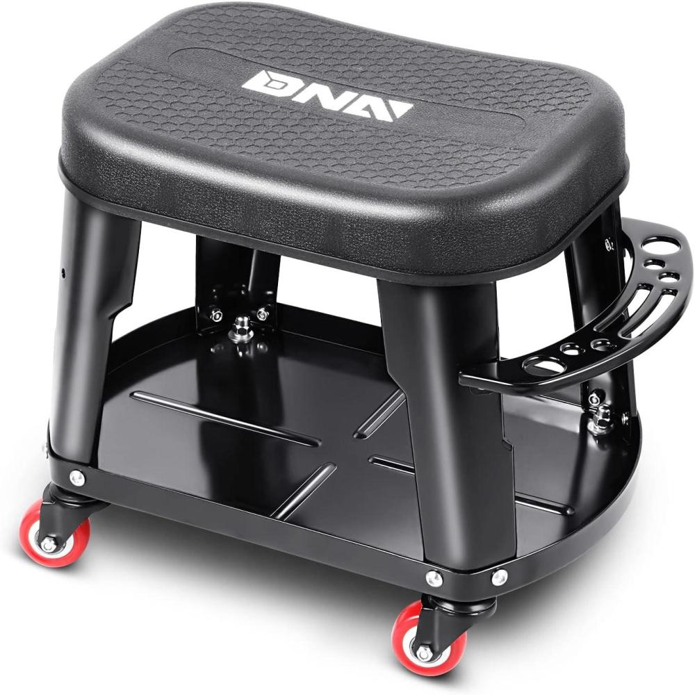imageDNA MOTORING TOOLS00252 Removable Rolling Garage Stool with Seat Cushion ampamp Tool Tray Plate300lbs Max Weight CapacityBlack