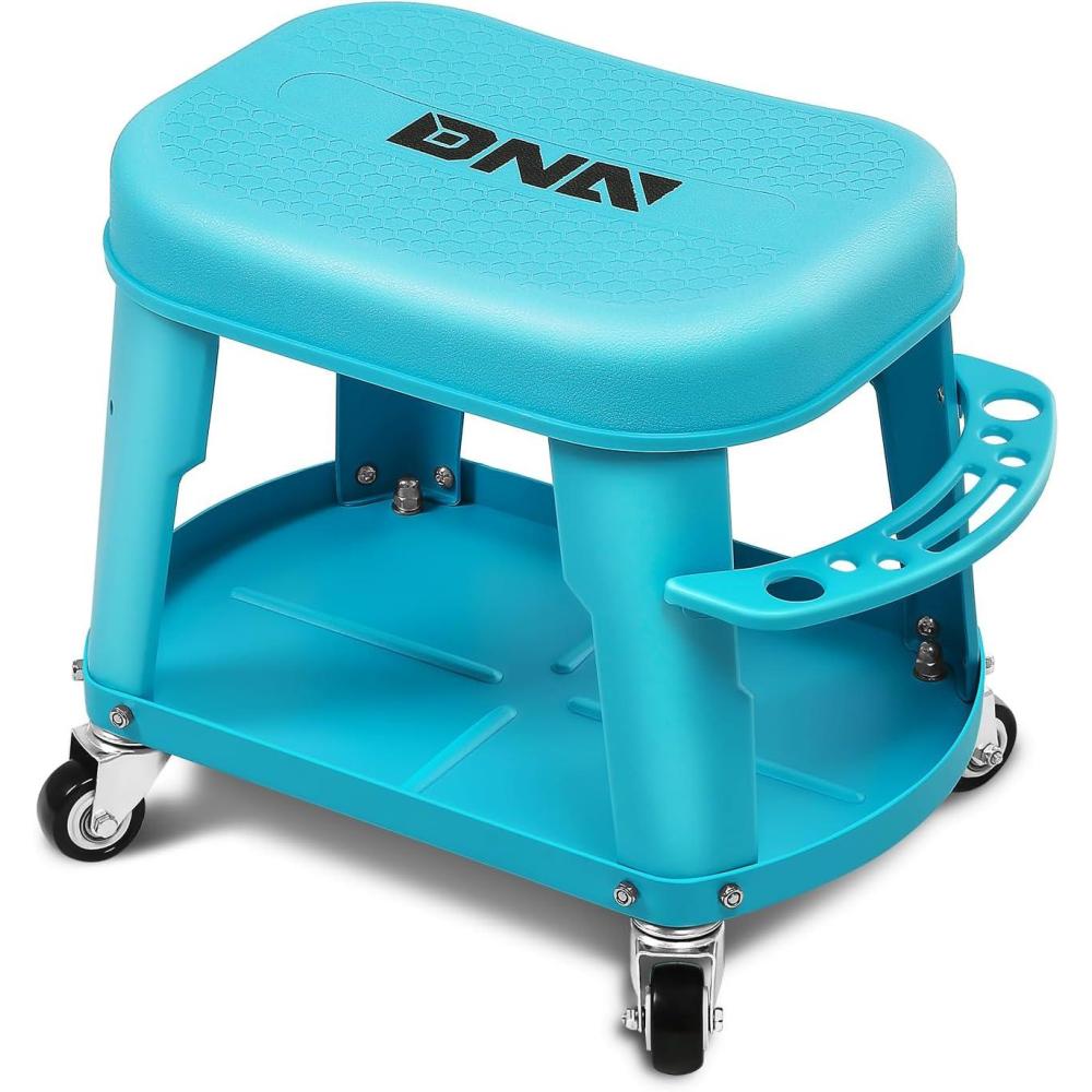 imageDNA MOTORING TOOLS00252 Removable Rolling Garage Stool with Seat Cushion ampamp Tool Tray Plate300lbs Max Weight CapacityBlue
