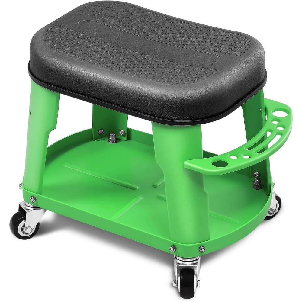 imageDNA MOTORING TOOLS00252 Removable Rolling Garage Stool with Seat Cushion ampamp Tool Tray Plate300lbs Max Weight CapacityGreen