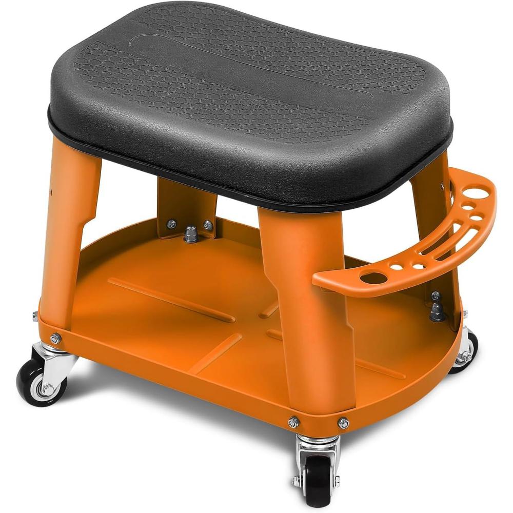 imageDNA MOTORING TOOLS00252 Removable Rolling Garage Stool with Seat Cushion ampamp Tool Tray Plate300lbs Max Weight CapacityOrange