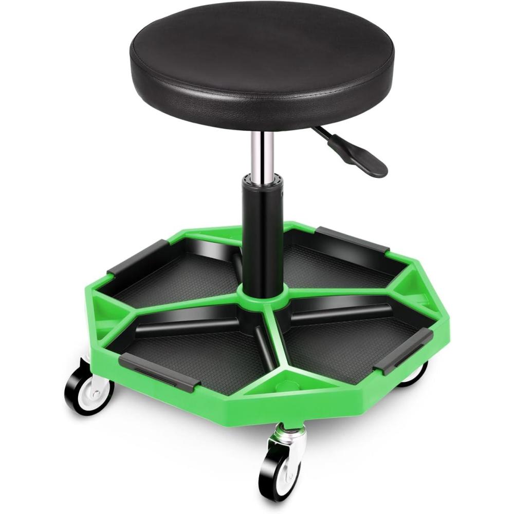 imageDNA MOTORING TOOLS00253 Adjustable Height Pneumatic Garage Seat Rolling Mechanic Stool with Tool Tray Storage300lbs Max Weight CapacityGreen