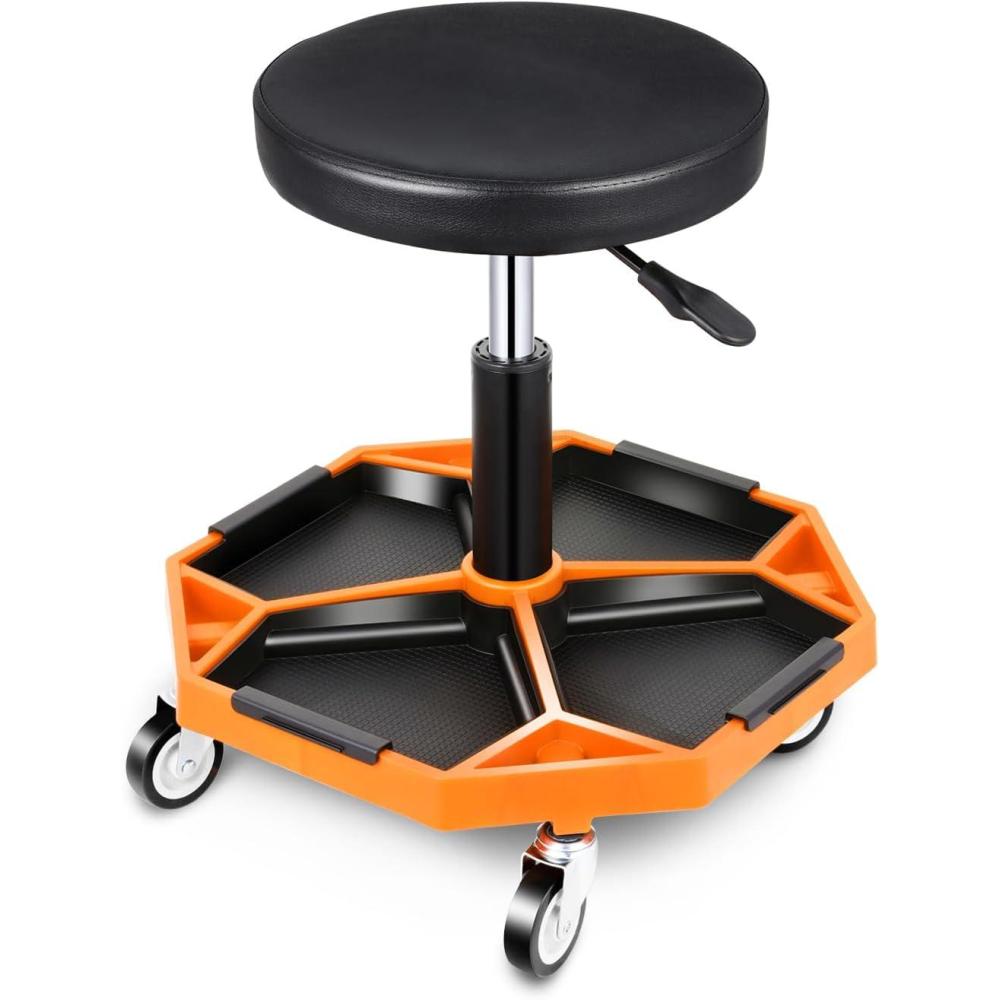 imageDNA MOTORING TOOLS00253 Adjustable Height Pneumatic Garage Seat Rolling Mechanic Stool with Tool Tray Storage300lbs Max Weight CapacityOrange