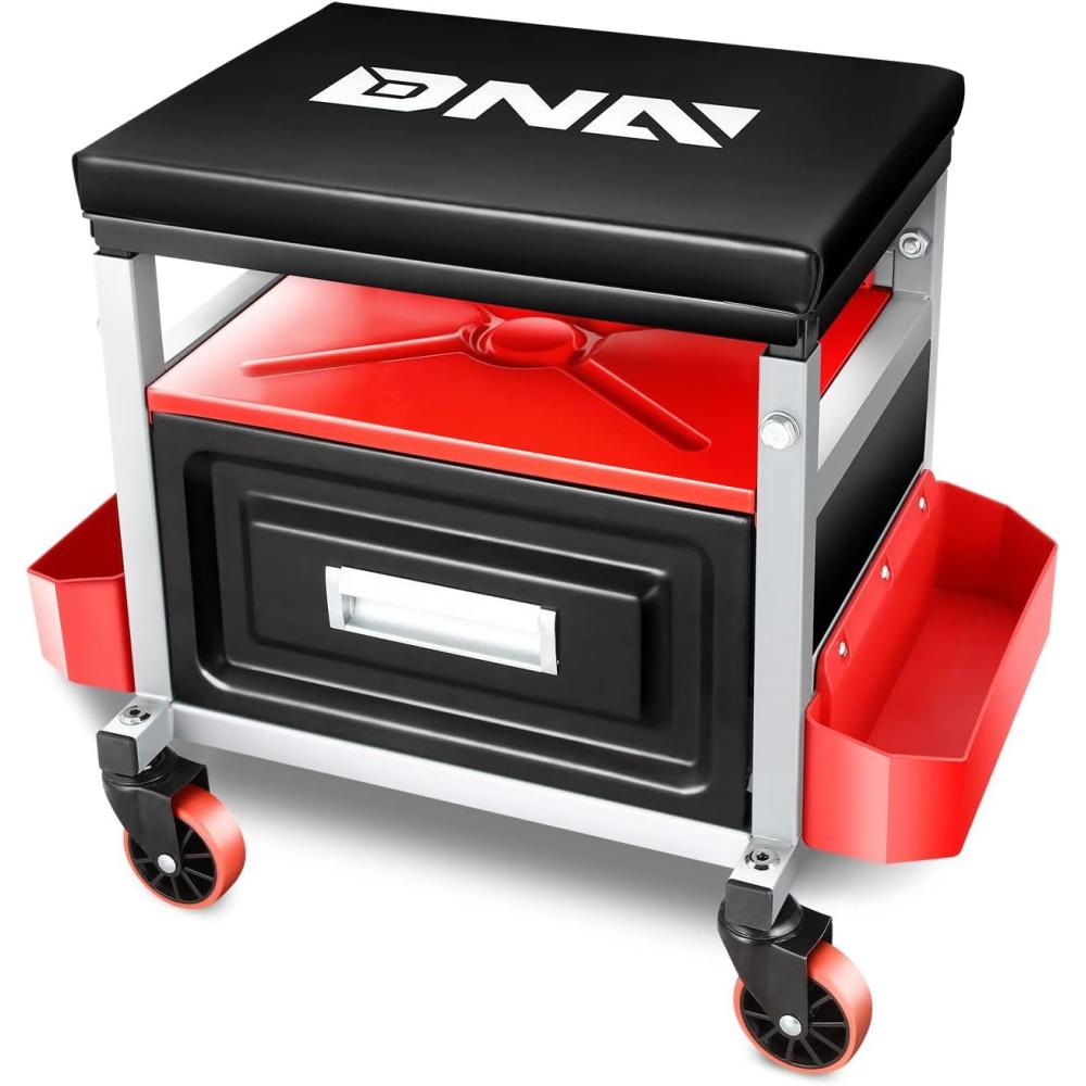 imageDNA Motoring TOOLS00189 Mechanic Stool  2512quot x 13quot x 12quot L x H x W Rolling Work Seat wLockable Swivel Wheels and Storage Tool TrayBLACKRED