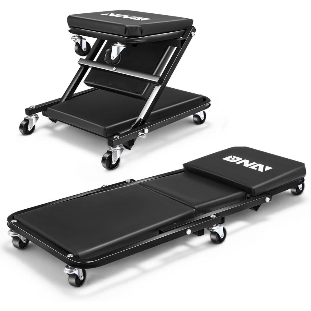 imageDNA Motoring TOOLS00192 48quot 2 IN 1 Folding Rolling Garage Shop Creeper Roller Seat 7 Pcs 2quot Casters 350 Lbs Weight Capacity RedBlack