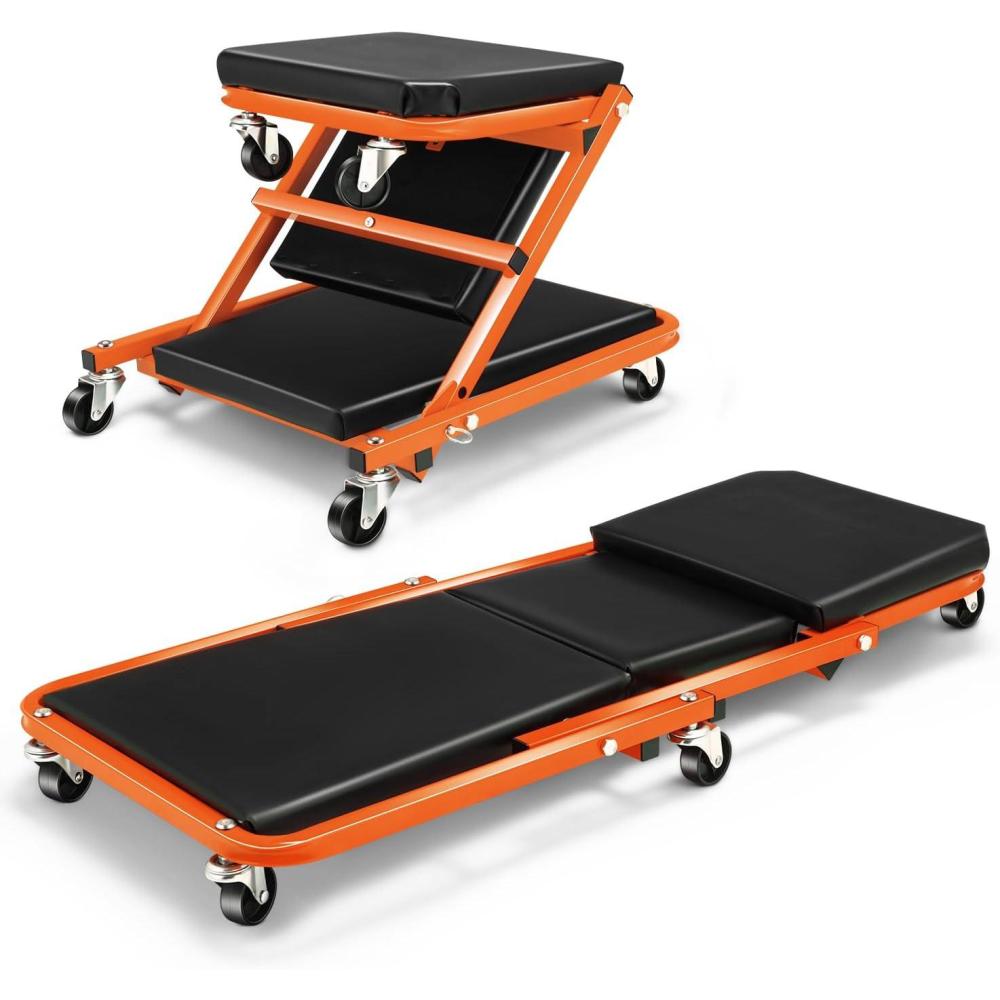 imageDNA Motoring TOOLS00192 48quot 2 IN 1 Folding Rolling Garage Shop Creeper Roller Seat 7 Pcs 2quot Casters 350 Lbs Weight Capacity RedOrange