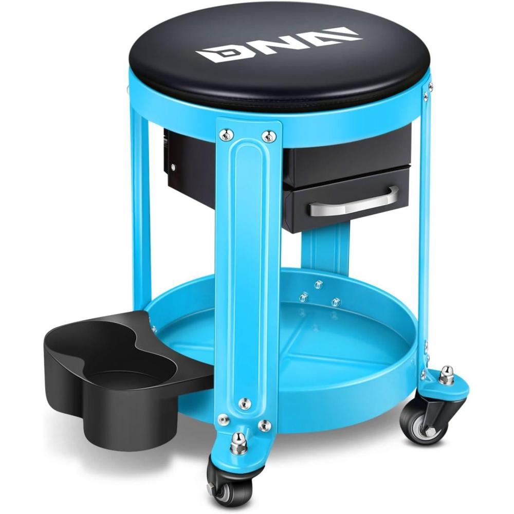 imageDNA Motoring TOOLS00197 Round Mechanics Roller Seat Creeper Stool With Padded Cushion Tool Storage Drawer ampamp Tray 300 Lbs Max Weight CapacityBlue
