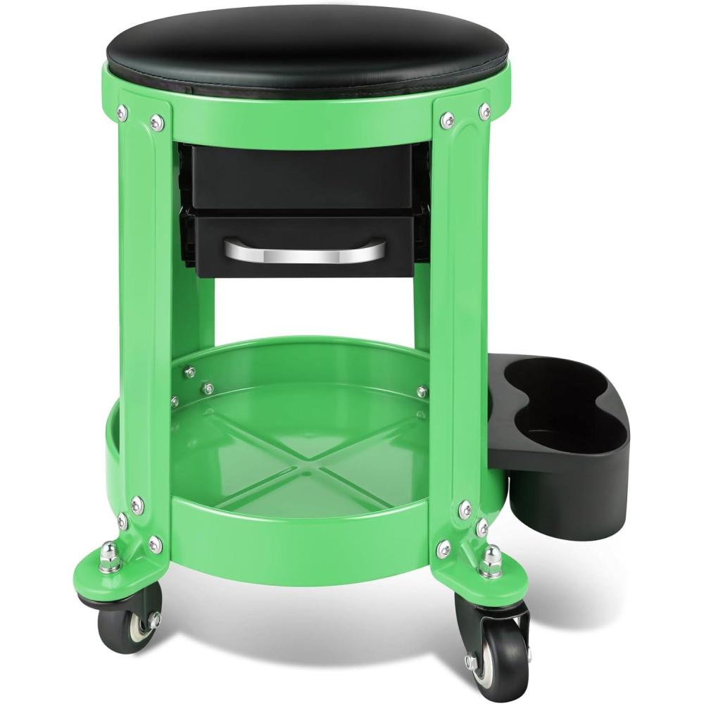 imageDNA Motoring TOOLS00197 Round Mechanics Roller Seat Creeper Stool With Padded Cushion Tool Storage Drawer ampamp Tray 300 Lbs Max Weight CapacityGreen
