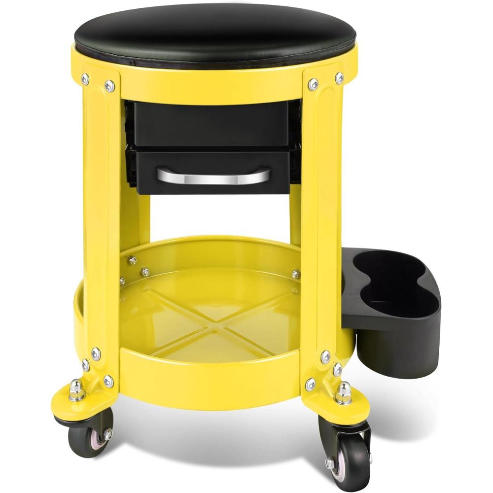 imageDNA Motoring TOOLS00197 Round Mechanics Roller Seat Creeper Stool With Padded Cushion Tool Storage Drawer ampamp Tray 300 Lbs Max Weight CapacityYellow