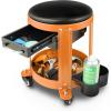 DNA Motoring TOOLS-00197 Round Mechanics Roller Seat Creeper Stool With Padded Cushion, Tool Storage Drawer & Tray, 300 Lbs Max Weight Capacity(Orange)