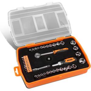 DNA MOTORING Home Repair Tool Set, Magnetic Screwdriver Socket Set, Ratchet Screwdriver Tools Set for Mechanics and DIY, w/Storage Box, Orange, TOOLS-00037(Socket Wrench Tool Set)