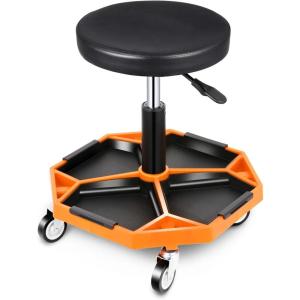 DNA MOTORING TOOLS-00253 Adjustable Height Pneumatic Garage Seat Rolling Mechanic Stool with Tool Tray Storage,300lbs Max Weight Capacity(Orange)