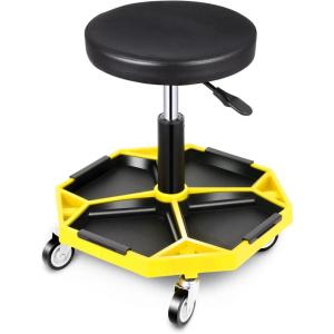 DNA MOTORING TOOLS-00253 Adjustable Height Pneumatic Garage Seat Rolling Mechanic Stool with Tool Tray Storage,300lbs Max Weight Capacity(Yellow)