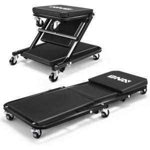 DNA Motoring TOOLS-00192 48″ 2 IN 1 Folding Rolling Garage Shop Creeper Roller Seat, 7 Pcs 2″ Casters, 350 Lbs Weight Capacity, Red(Black)