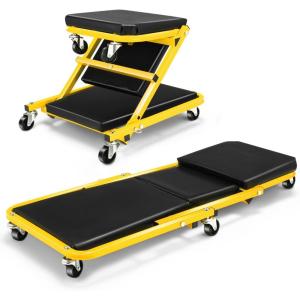 DNA Motoring TOOLS-00192 48″ 2 IN 1 Folding Rolling Garage Shop Creeper Roller Seat, 7 Pcs 2″ Casters, 350 Lbs Weight Capacity, Red(Yellow)