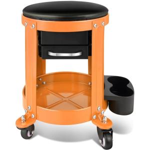 DNA Motoring TOOLS-00197 Round Mechanics Roller Seat Creeper Stool With Padded Cushion, Tool Storage Drawer & Tray, 300 Lbs Max Weight Capacity(Orange)