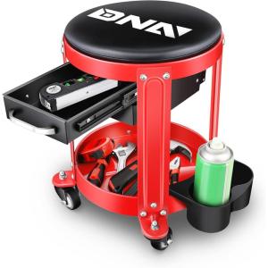 DNA Motoring TOOLS-00197 Round Mechanics Roller Seat Creeper Stool With Padded Cushion, Tool Storage Drawer & Tray, 300 Lbs Max Weight Capacity(Red / Black)
