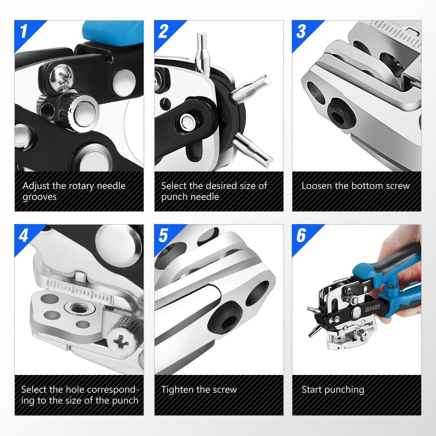 imageDNA Motoring TOOLS00126 Revolving Leather Hole Punch Tool Six Hollow Bell Punches Coated Steel Perfect for Belts or Leather Material 2mm5mm 1 Hole Punch RedBlackBlue6In1