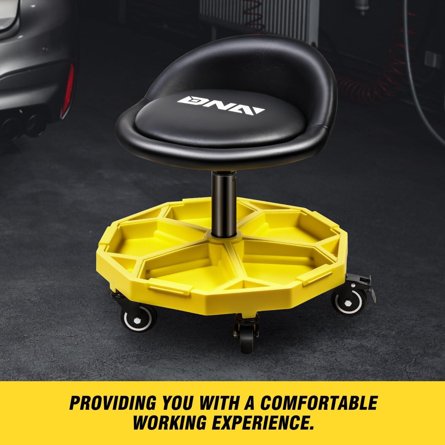 imageDNA Motoring TOOLS00198 Adjustable Height Mechanics Roller Seat Creeper Stool With Padded Cushion Tool Storage Drawer ampamp Tray 350 Lbs Max Weight CapacityYellow