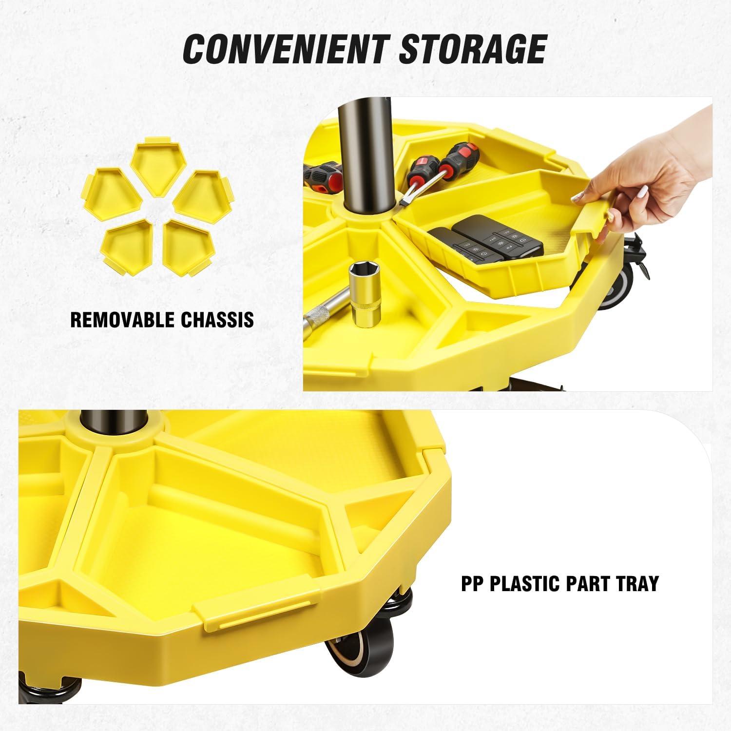 imageDNA Motoring TOOLS00198 Adjustable Height Mechanics Roller Seat Creeper Stool With Padded Cushion Tool Storage Drawer ampamp Tray 350 Lbs Max Weight CapacityYellow