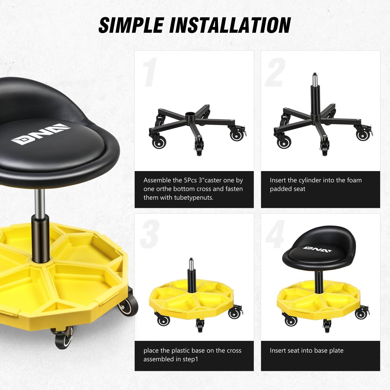 imageDNA Motoring TOOLS00198 Adjustable Height Mechanics Roller Seat Creeper Stool With Padded Cushion Tool Storage Drawer ampamp Tray 350 Lbs Max Weight CapacityYellow