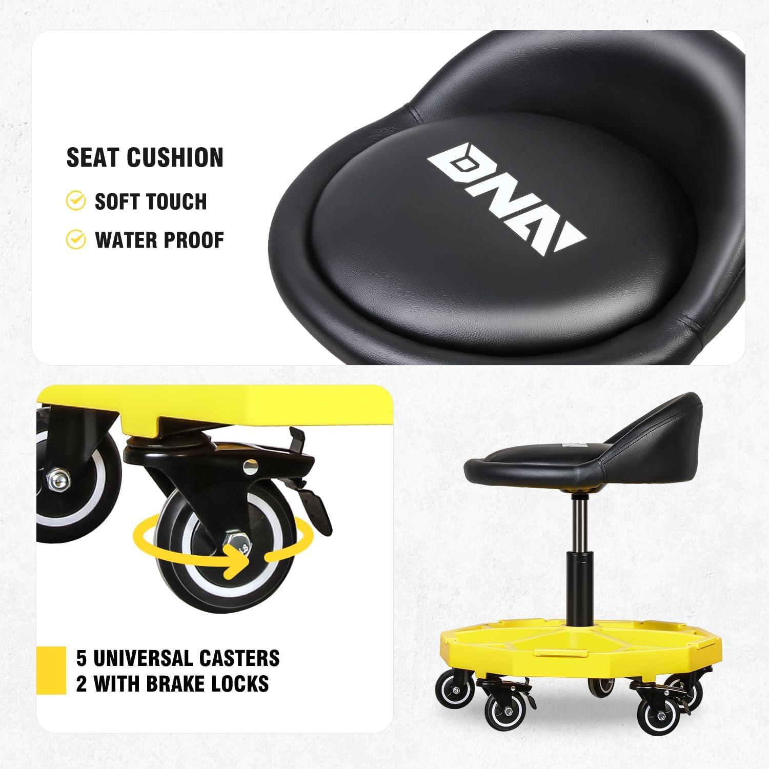 imageDNA Motoring TOOLS00198 Adjustable Height Mechanics Roller Seat Creeper Stool With Padded Cushion Tool Storage Drawer ampamp Tray 350 Lbs Max Weight CapacityYellow
