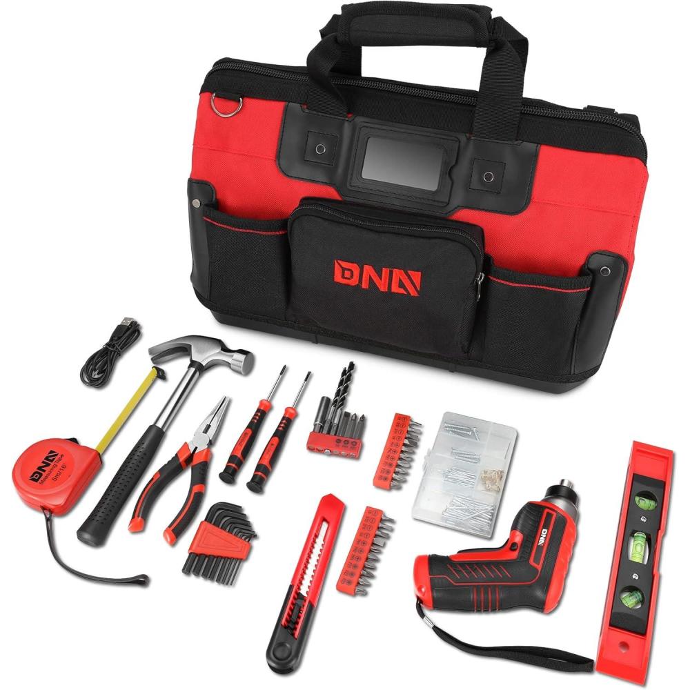 imageDNA MOTORING 7Piece Pink Tool Set  Portable Household Hand Tool Kit with Wide Mouth Canvas Storage Bag for DIY Home Repairing Gift for Women Girls Ladies TOOLS0020344pcs Red