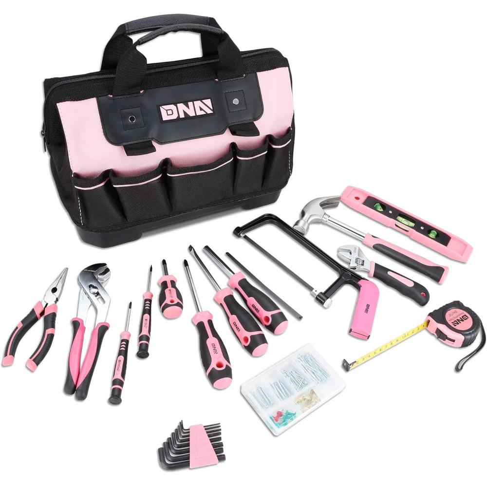 imageDNA MOTORING 7Piece Pink Tool Set  Portable Household Hand Tool Kit with Wide Mouth Canvas Storage Bag for DIY Home Repairing Gift for Women Girls Ladies TOOLS0020337pcs Pink