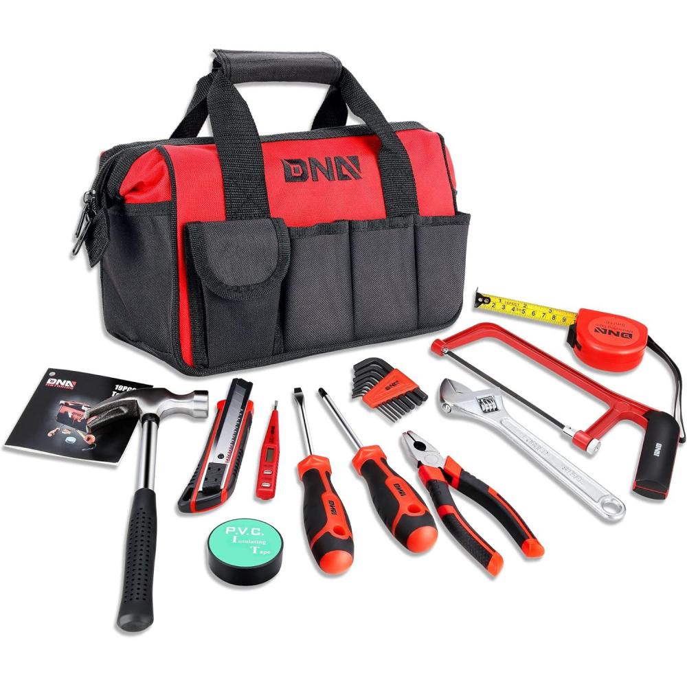 imageDNA MOTORING 7Piece Pink Tool Set  Portable Household Hand Tool Kit with Wide Mouth Canvas Storage Bag for DIY Home Repairing Gift for Women Girls Ladies TOOLS0020319pcs Red