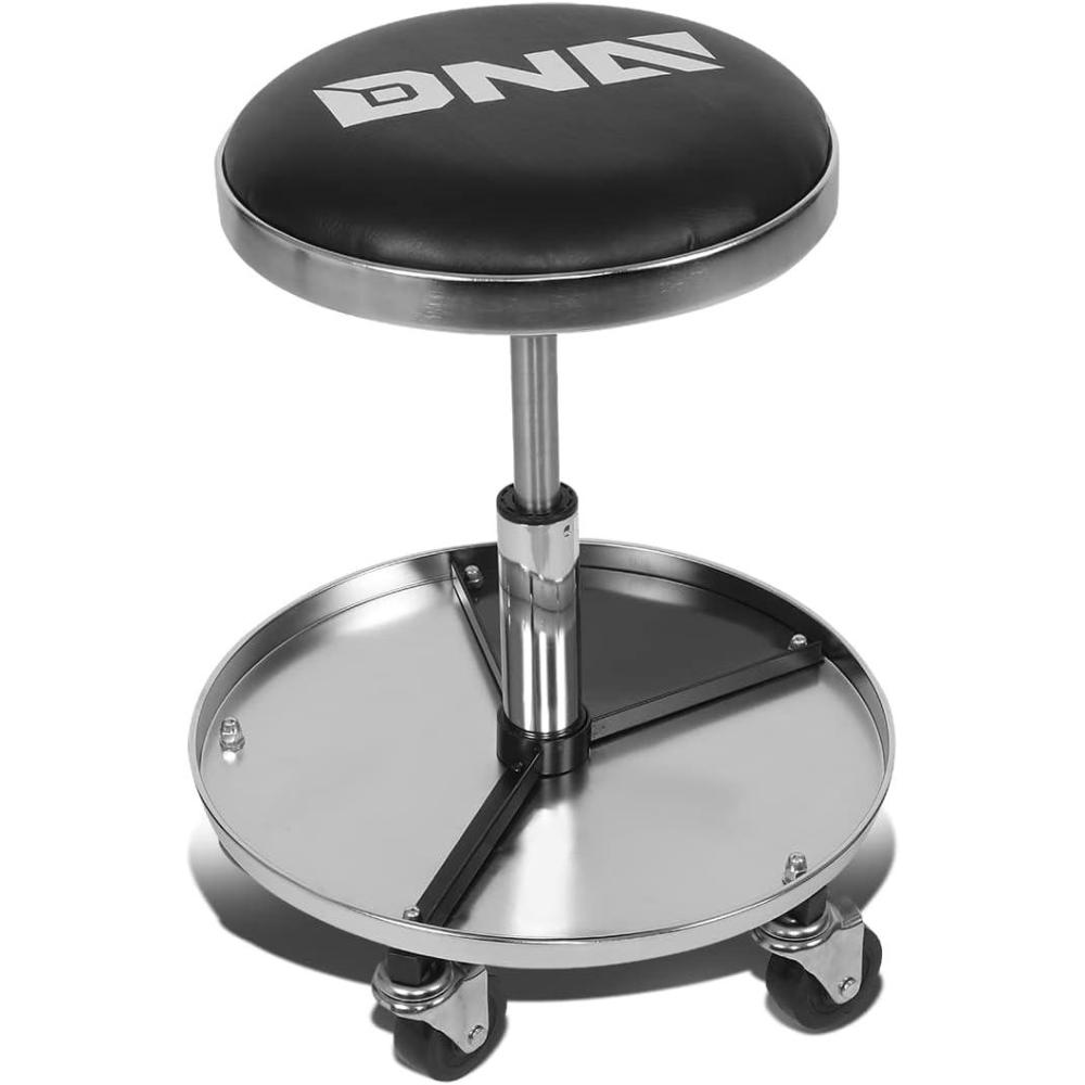 imageDNA Motoring TOOLS00198 Adjustable Height Mechanics Roller Seat Creeper Stool With Padded Cushion Tool Storage Drawer ampamp Tray 350 Lbs Max Weight CapacityBlack Chrome