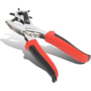 DNA Motoring TOOLS-00126 Revolving Leather Hole Punch Tool, Six Hollow Bell Punches Coated Steel Perfect for Belts or Leather Material, 2mm-5mm, 1 Hole Punch, Red/Black(Red)