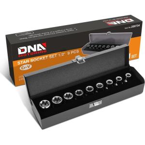 DNA Motoring TOOLS-00133 9 Pieces 1/2-Inch Drive External Torx Socket Set – E10, E11, E12, E14, E16, E18, E20, E22, E24, w/Tin Carrying Case(External Torx Socket Set)